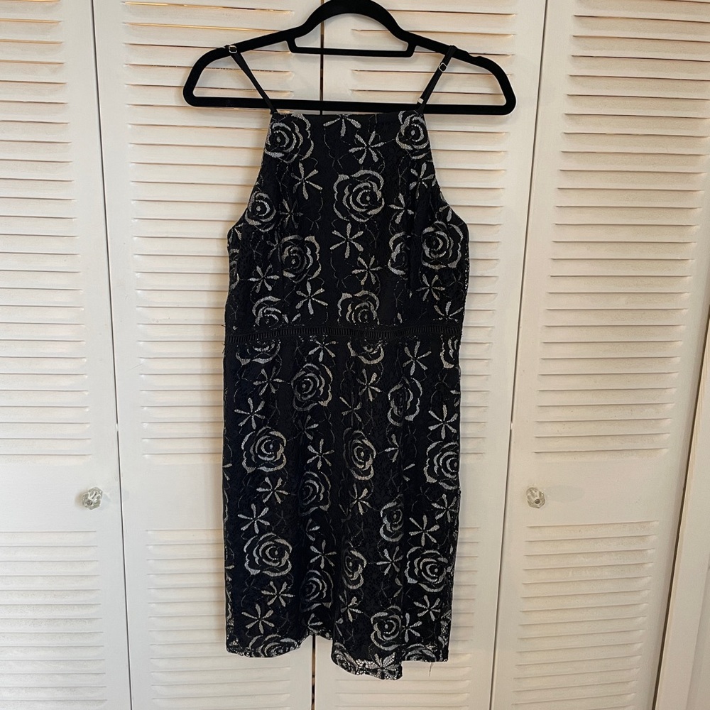 Francesca’s Black and Silver Floral High Neck Sleeveless Dress